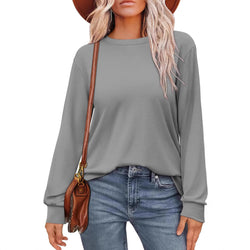 Women's basic solid color round neck pullover long sleeve shirt top T-shirt