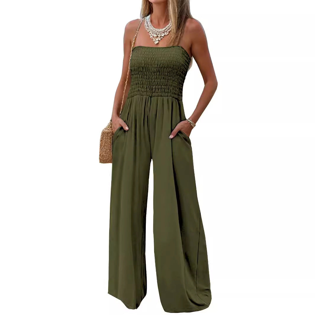 Women's Solid Color Tube Top Roller Jumpsuit Long Jumpsuit