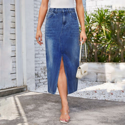 Washed elastic waist split denim mid-length skirt