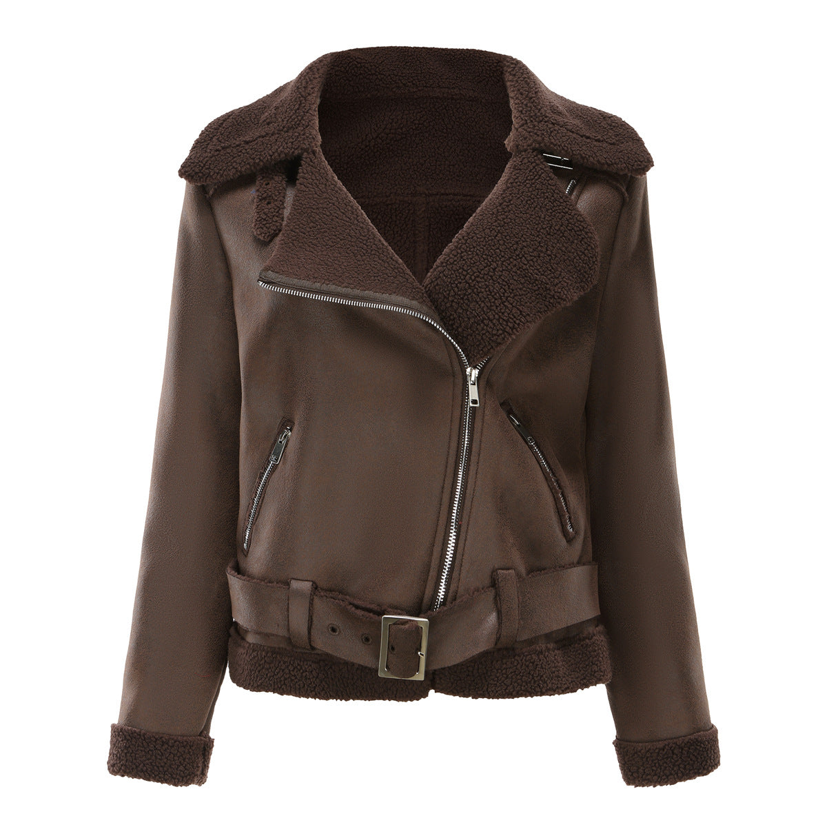 Suede jacket European and American leather jacket women with belt lapel jacket women