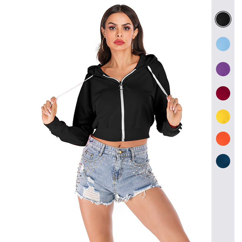 Solid color hooded long-sleeved casual bottoming sweater jacket women's short model