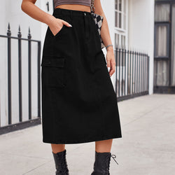 Versatile and thin tooling washed denim skirt medium and long skirt women