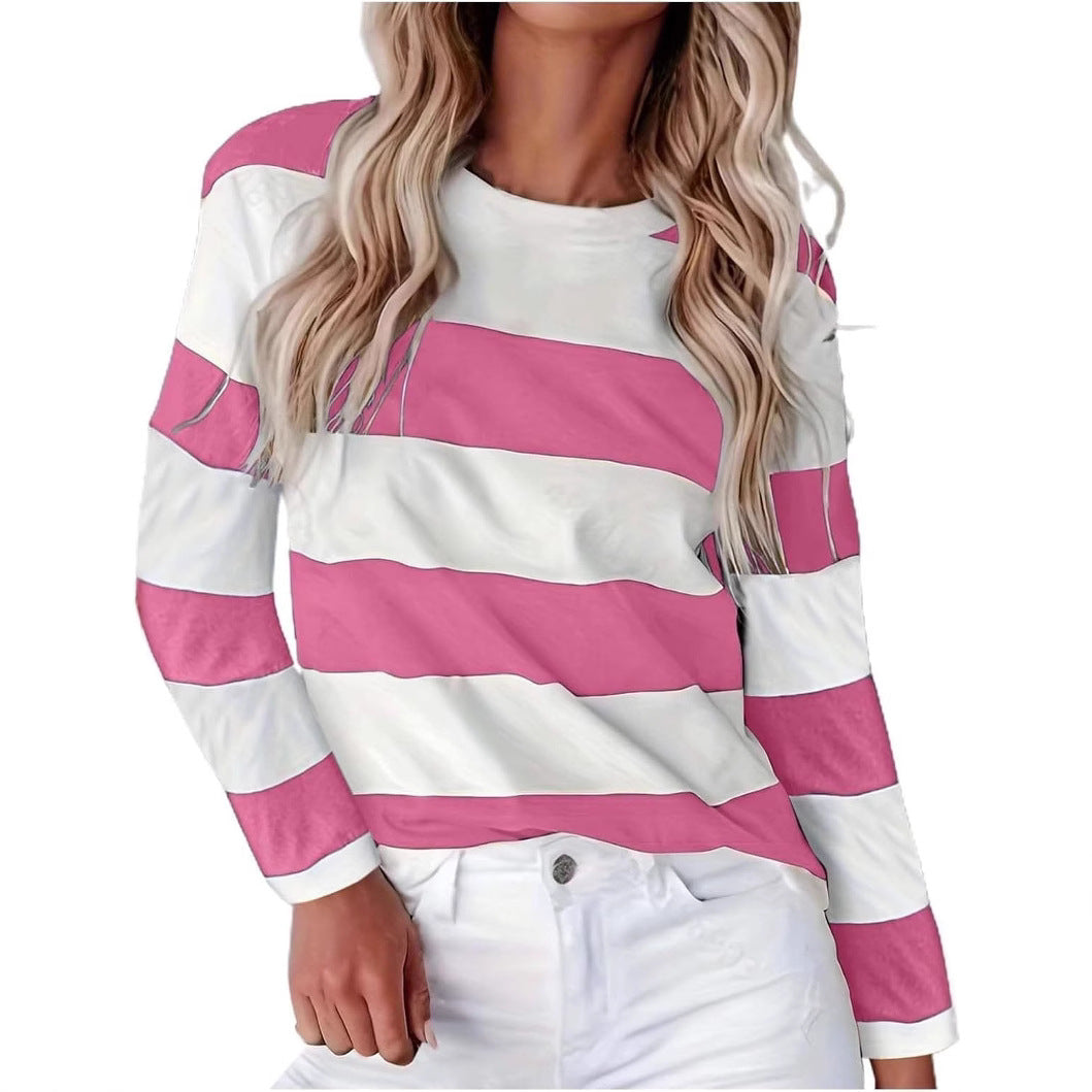 Autumn New Fashion Women's Striped Crew Neck Pullover Long Sleeve Casual T-Shirt Women