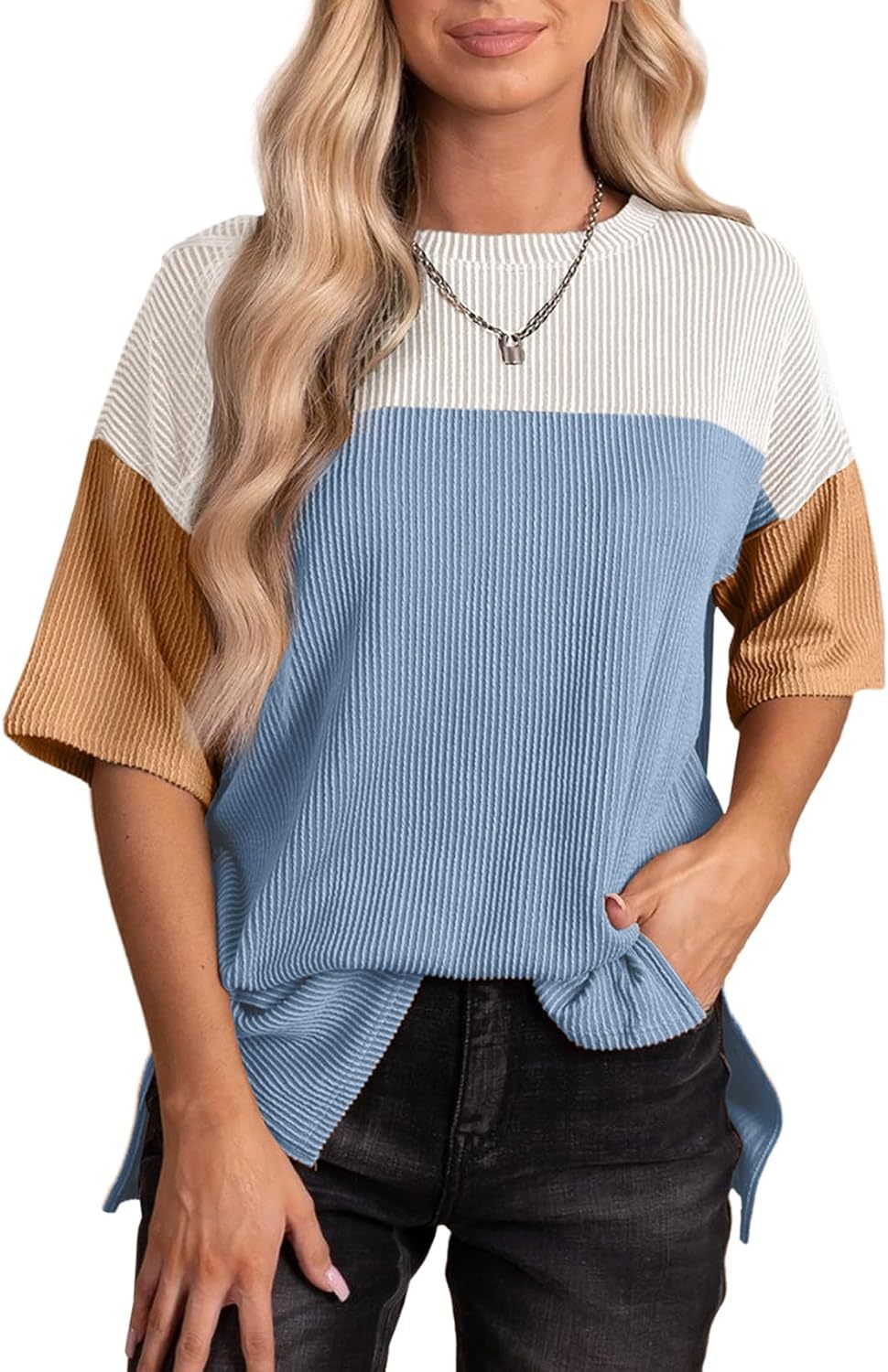 New round neck three-color splicing short sleeve loose split T-shirt women