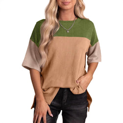 New round neck three-color splicing short sleeve loose split T-shirt women