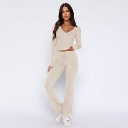 Women's slim-fitting sexy button-up long-sleeved top, lace-up trousers, fashionable two-piece set