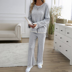 Temperament Casual solid color knitted long-sleeved sweater pants set two-piece set