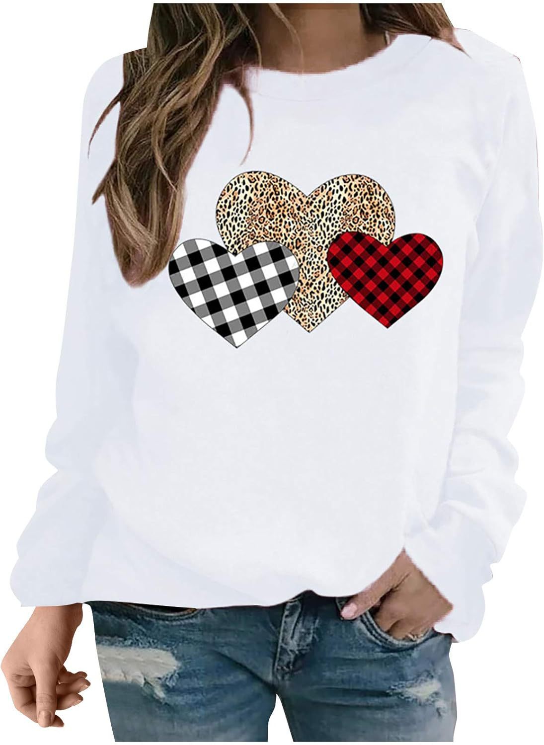 Leopard print love pullover loose casual crew neck women's sweater