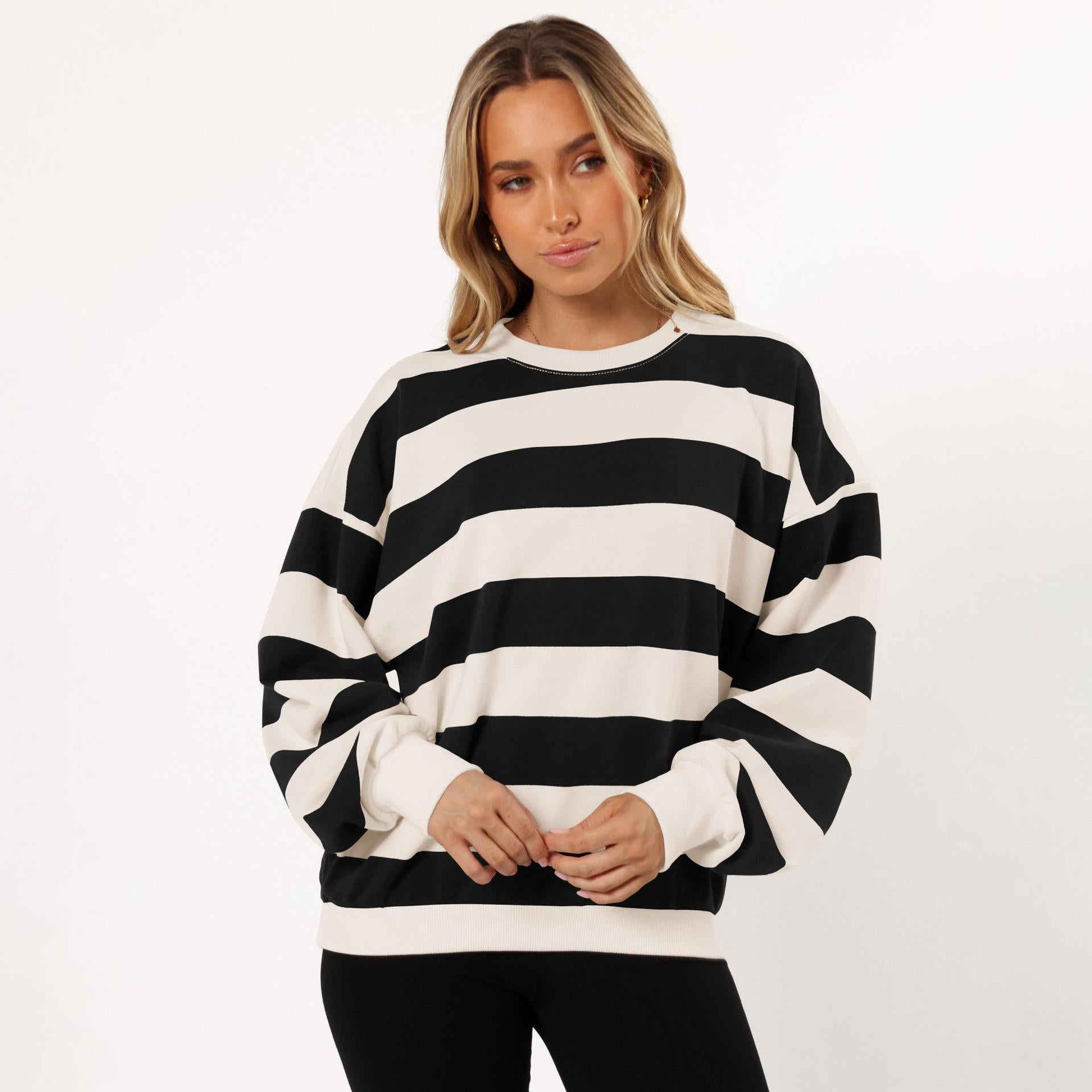 Casual Striped Crew Neck Loose Women's Lantern Sleeve Fashion American Sweater