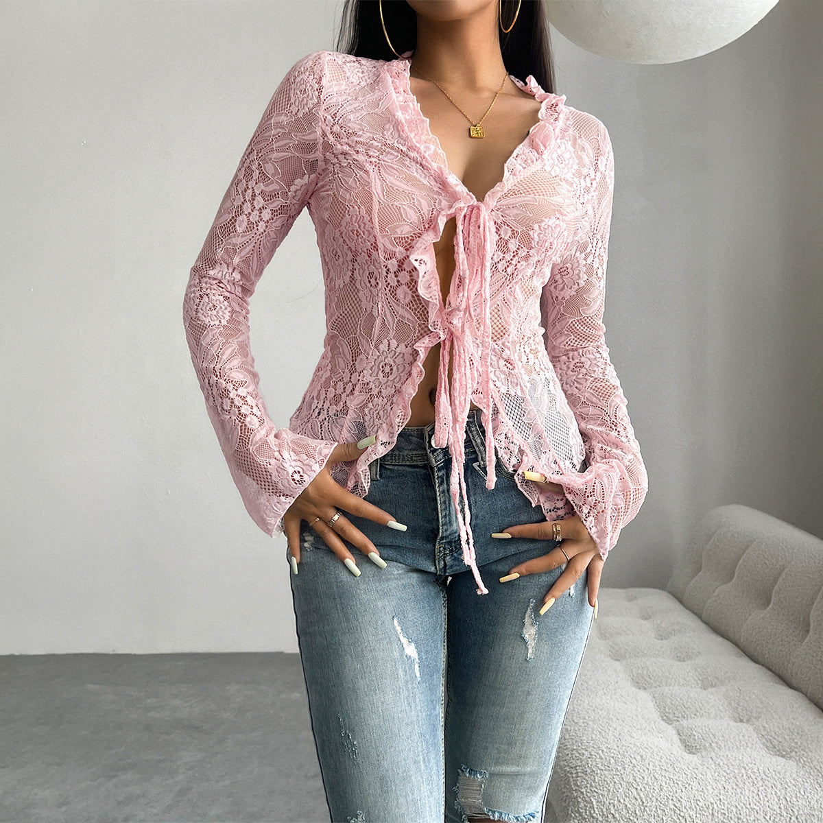 Spring/Summer Sexy Slim Long Sleeve Lace Top