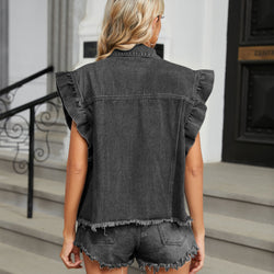 New washed fungus edge denim vest tide