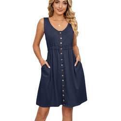 Spring and Summer Solid Color Sleeveless Button Pocket Crew Neck Split Waist Dress