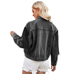 Washed fringed long-sleeved denim jacket top