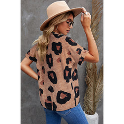 Fashion V-neck leopard print short-sleeved T-shirt for women's personality niche contrasting jumper for women