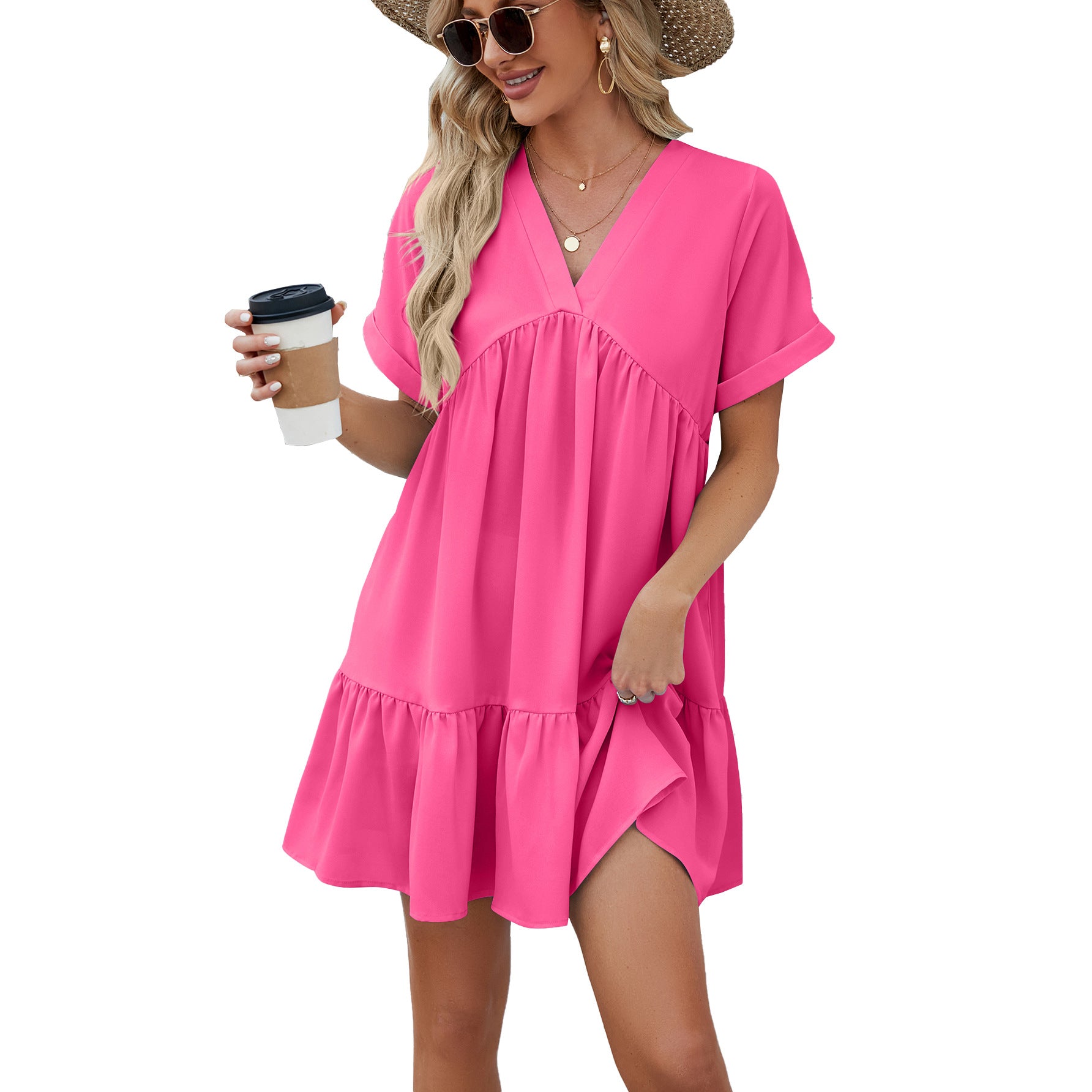 Spring and summer new solid color V-neck loose pleated dress women