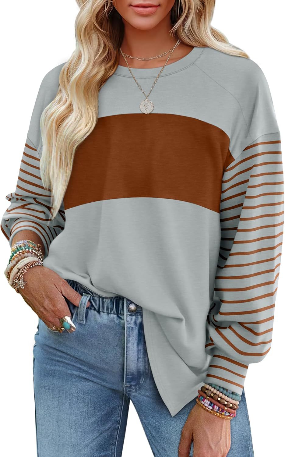 Pullover Crew Neck Casual Striped Contrast Long Sleeve T-Shirt Women