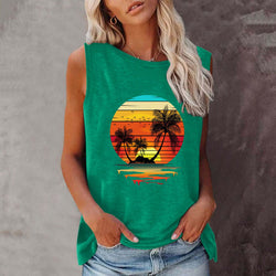 New Summer Beach Sunset Coconut Tree Crew Neck Sleeveless Vest