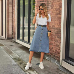 Skinny washed denim one-row button skirt skirt women