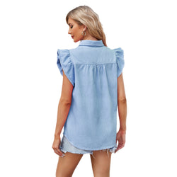 Washed denim single-breasted top flying sleeve shirt wish woman