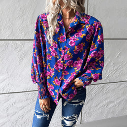 Spring and summer foreign trade temperament casual printed lantern sleeve shirt