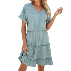 Spring and summer new solid color V-neck loose short-sleeved splicing dress in stock