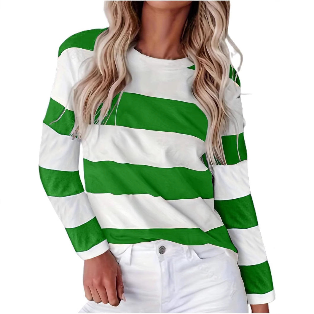 Autumn New Fashion Women's Striped Crew Neck Pullover Long Sleeve Casual T-Shirt Women