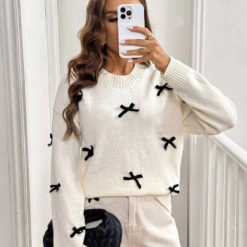 New sweater women's loose round neck bow long sleeve pullover knitted top