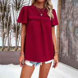 Spring and summer temperament solid color short-sleeved lace top