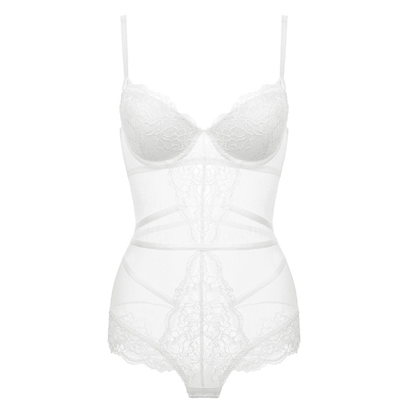 Sexy lace one-piece underwear girl pure desire French underwear integrated transparent hollow small chest gathering shapewear