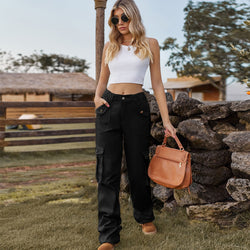 American retro elastic waist denim overalls casual pants women