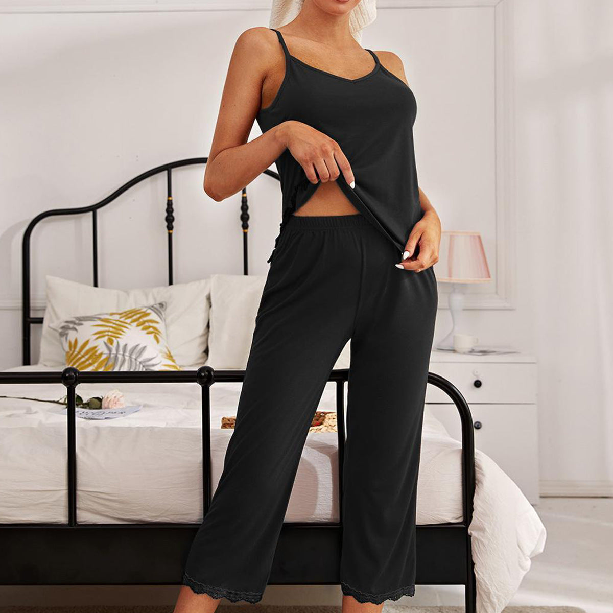 Sexy suspender pajamas women's spring summer solid color casual vest trousers two-piece set outer loungewear