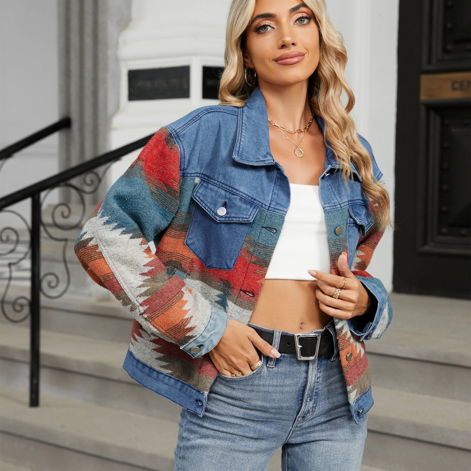 Autumn new washed color matching denim jacket short top