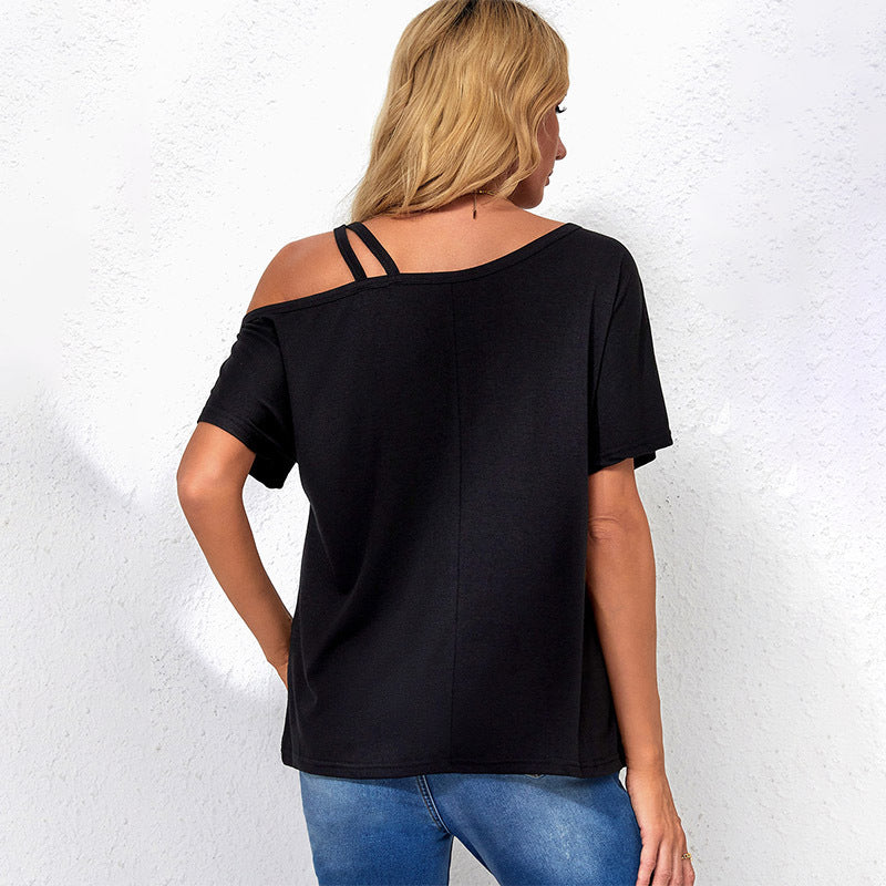 Summer new pullover T-shirt women's European and American personality asymmetrical cross shoulder short sleeve women