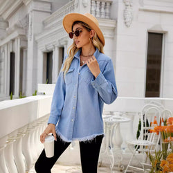 Versatile washed explosive denim rough edge shirt top jacket women