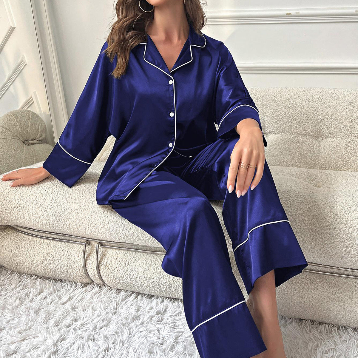 Women's loungewear autumn and winter silk satin long-sleeved trousers two-piece pajamas women can