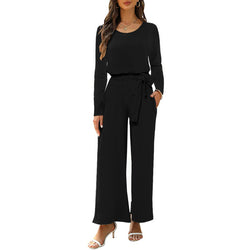 Crew neck long-sleeved waist jumpsuit with pocket and belt