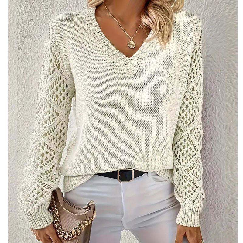 Sweater Women's Knitted Sweater Lazy Wind Hollow Long Sleeve V-Neck Pullover Versatile Top