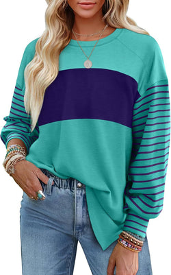 Pullover Crew Neck Casual Striped Contrast Long Sleeve T-Shirt Women