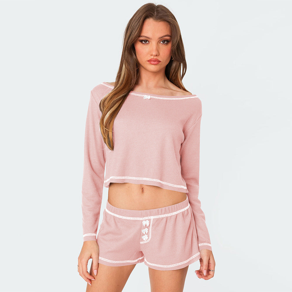 One-word collar exquisite line decorative bow embellished top shorts casual two-piece set women