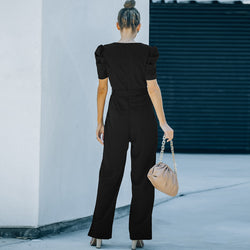 Short-sleeved jumpsuit women's 2022 new solid color casual waist flared pants trousers