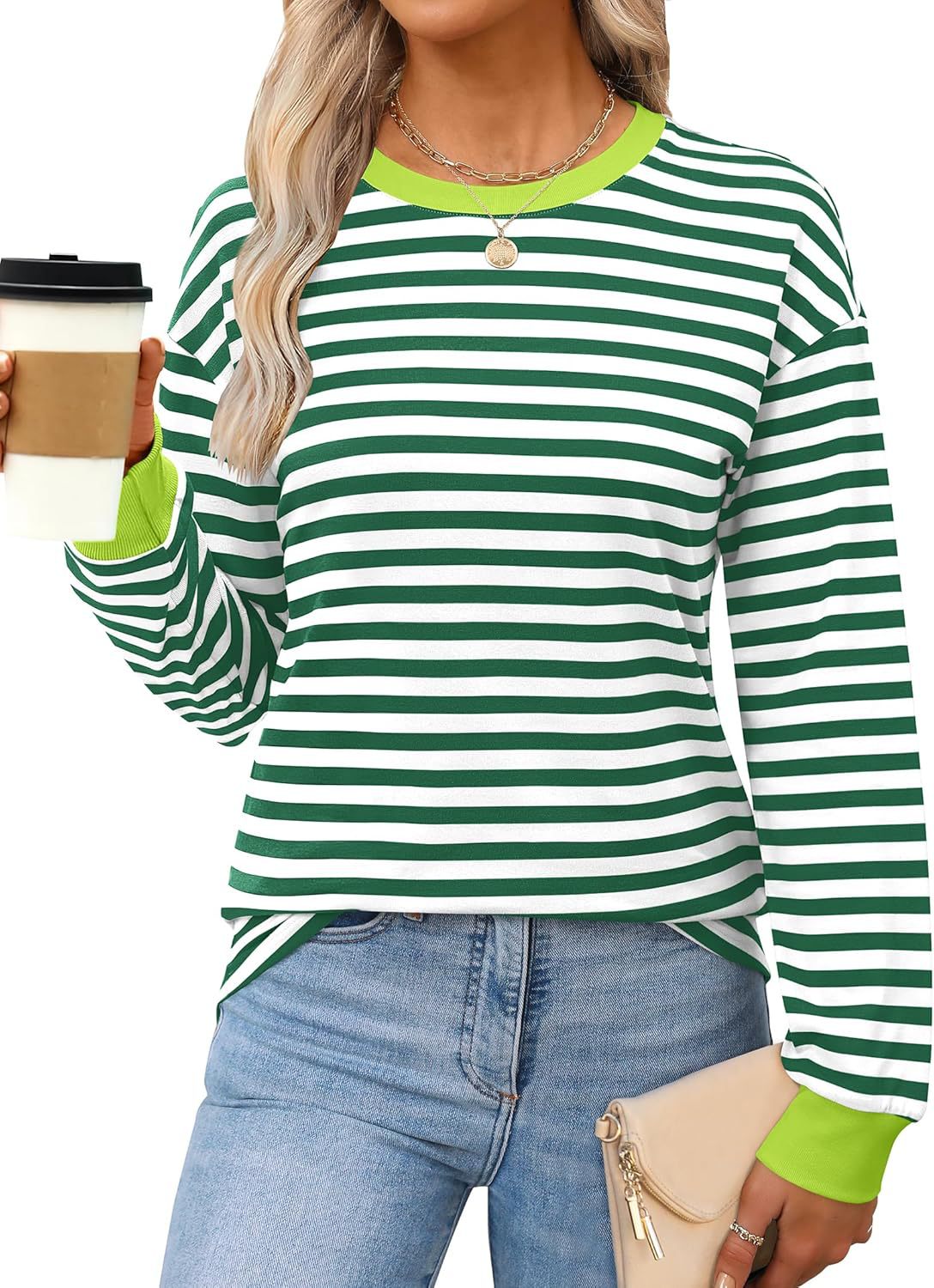 Fashion Women's Clothing Contrasting Stripes Loose Crew Neck Long Sleeve Women's T-Shirt