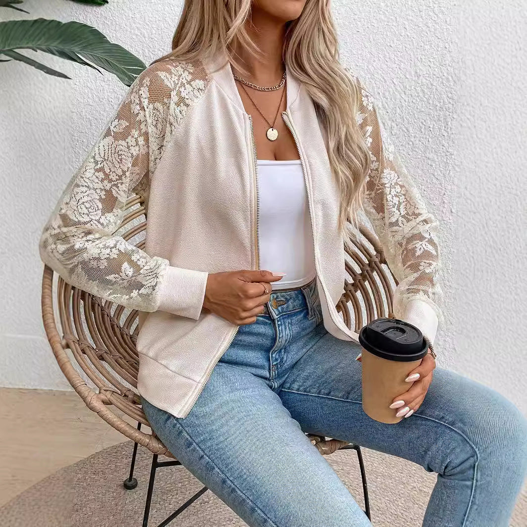 Women's Lace Splicing Long Sleeve Baseball Collar Jacket Top Jacket