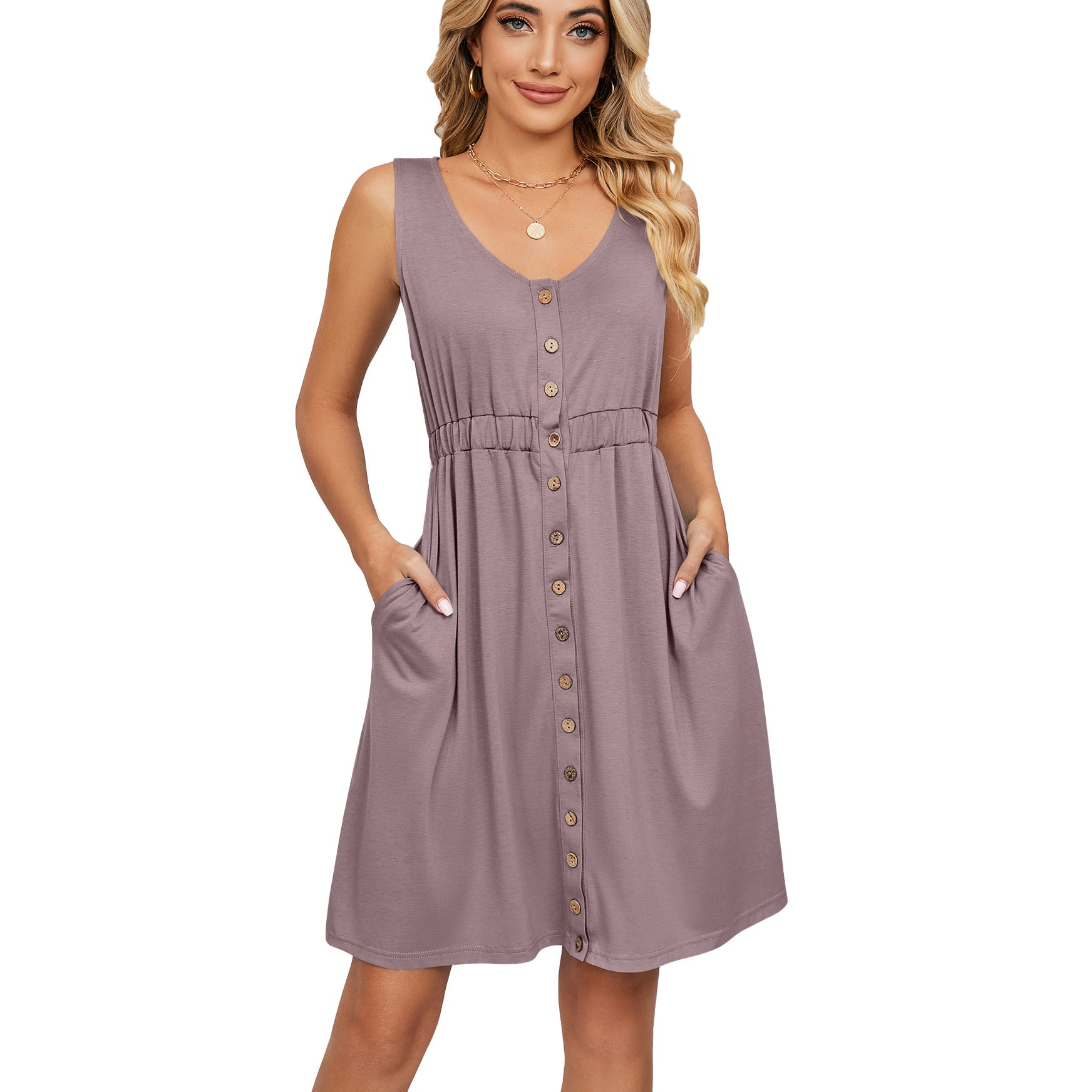 Spring and Summer Solid Color Sleeveless Button Pocket Crew Neck Split Waist Dress