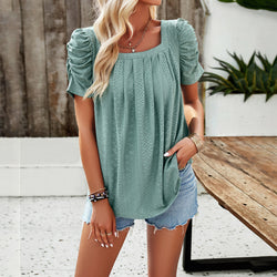 Spring and summer casual solid color square collar hollow short-sleeved shirt top