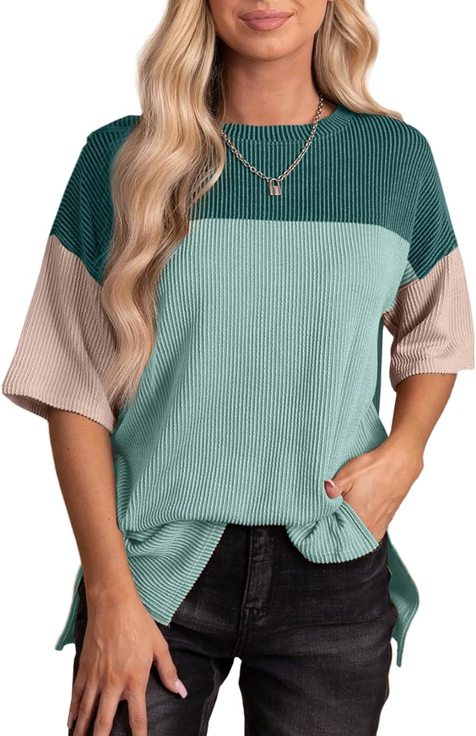 New round neck three-color splicing short sleeve loose split T-shirt women