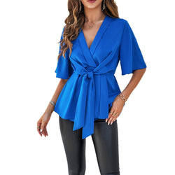 Spring and summer v-neck solid color elegant five-quarter sleeve strap-on waist top