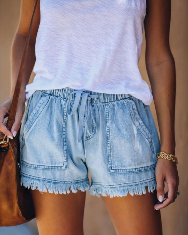 Elastic waist drawstring casual high waist thin denim shorts women