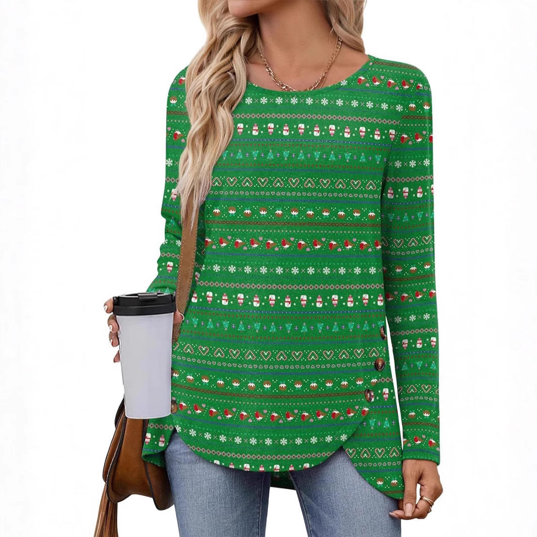 New Women's Printed Crew Neck Long Sleeve Irregularly Split Button T-Shirt