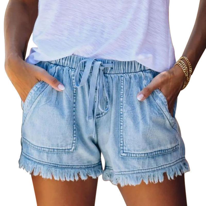 Elastic waist drawstring casual high waist thin denim shorts women