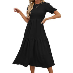 Spring and summer new solid color round neck splicing short-sleeved dress women